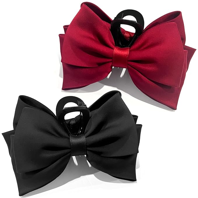 Bow Claw Clip,StrongHold Cute Bow Hair Claw Clips for Women Girls,Nonslip Silky Big Hair Bows Ribbons for Hair Claws,Large Claw Clips for Thick/Thin Hair Styling Accessories Gifts (red,black)