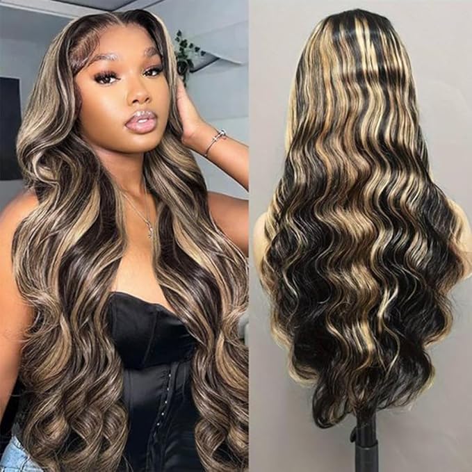 Ombre Glueless Wigs Human Hair Pre Plucked Pre Cut 5x5 Hd Lace Closure Wigs Human Hair 34 Inch 1B/27 Colored Highlight Body Wave Wigs 250% Density Glueless Wigs for Beginners