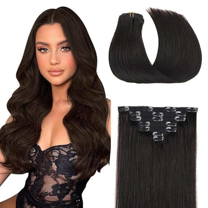 24 Inch 1B Clip in Hair Extensions - Real Remy Human Hair, 120g 7pcs, Naturel Black Human Hair Extensions Clip ins for Women