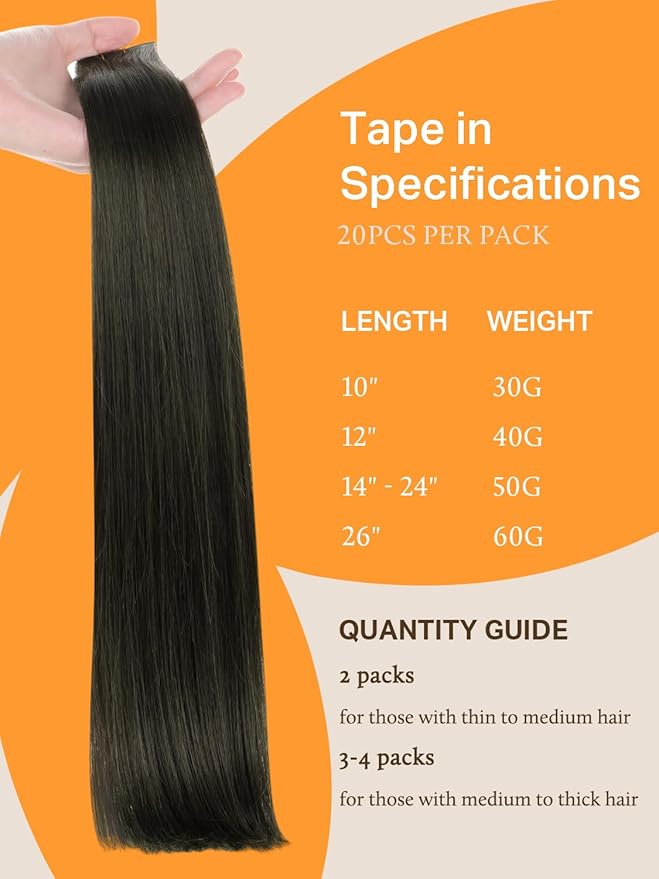 DOORES Real Human Hair Extensions - Mocha Brown, 24 Inch, 20pcs 50g Tape in Straight Skin Weft Remy