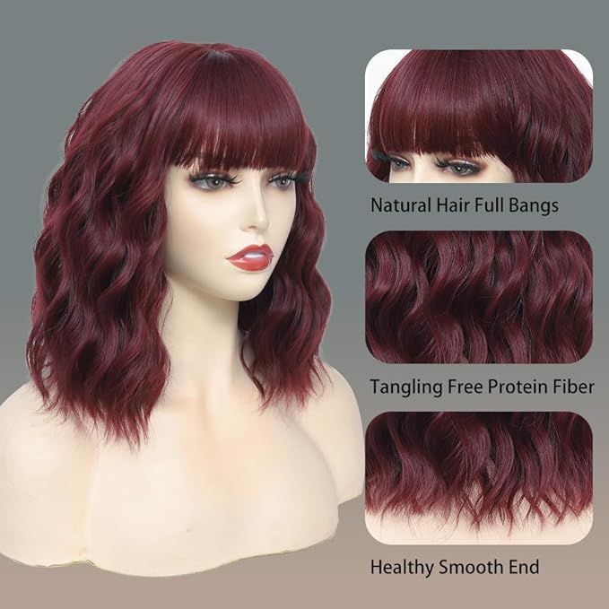 WAVE&BREEZE Red Wig with Bangs Short Curly Bob Wine Red Wigs for Women 14 Inch Shoulder Length Natural Looking Hair Replacement Wigs for Cosplay Party Use