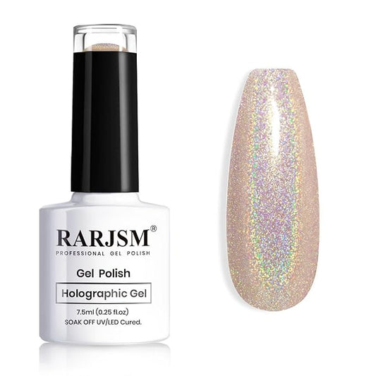 RARJSM Holographic Gel Nail Polish Champagne Gold Reflective Iridescent Rainbow Glitter Gel Polish Curing Required Unicorn Mirror Chrome Laser Effect Soak off for DIY Salon Home Manicure 7.5ML