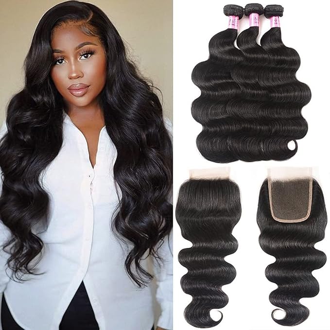 Unice Hair Brazilian Body Wave 3 Bundles with Free Part Lace Closure Unprocessed Virgin Human Hair Weave Extensions (20 22 24+18)