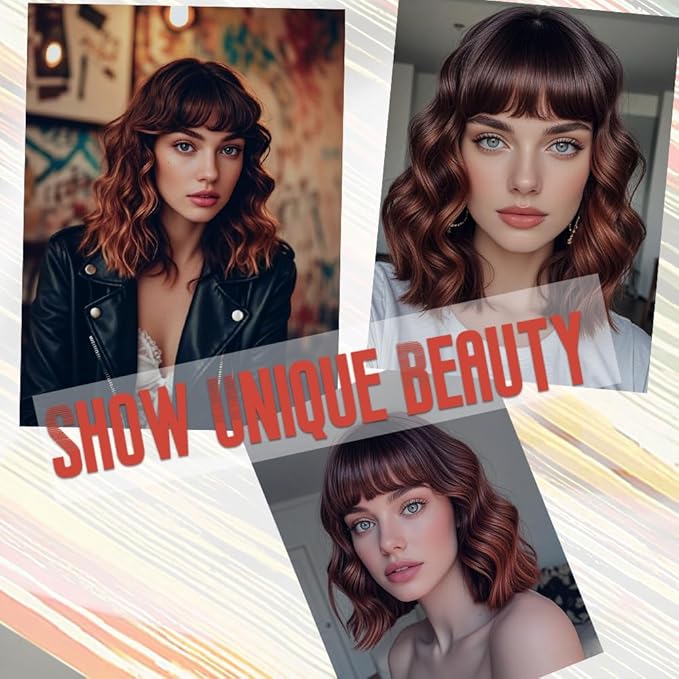 WAVE&BREEZE Short Auburn Wigs with Bangs 14Inch Ombre Auburn Curly Bob Wig for Women Shoulder Length Natural Looking Hair Replacement Wig for Daily Party Use Cosplay Costume Halloween Wig