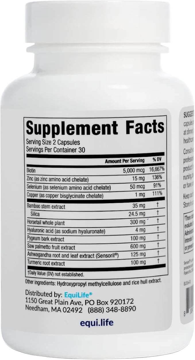 Equilife Daily Hair Support, Hair Supplement with Biotin, Ashwagandha, Zinc, Selenium, and Saw Palmetto, Vitamins and Minerals for Hair and Scalp Nourishment, Gluten Free, 60 Capsules
