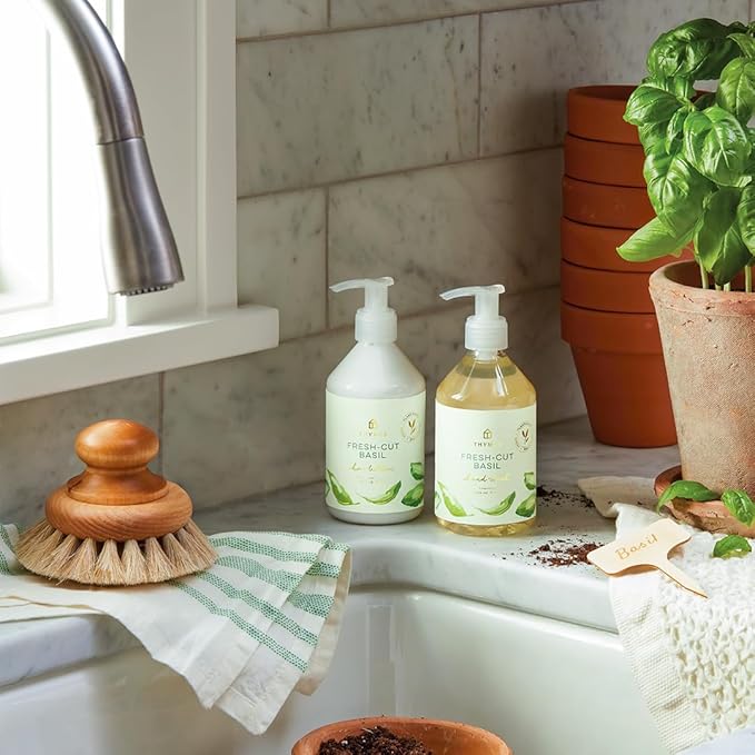 Thymes Hand Wash - Moisturizing Hand Soap Dispenser with Pump - Skin Care - Hydrating Liquid Soap Scented with Notes of Fresh Basil, Tomato Leaf, & Delicate Sage (Fresh-Cut Basil, 9 fl oz)
