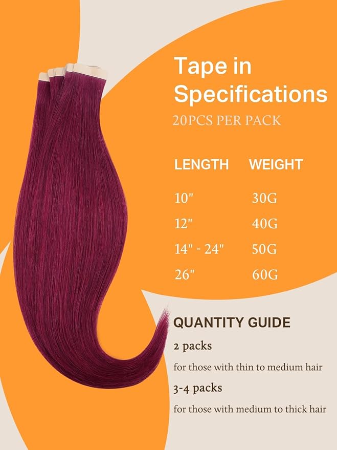 DOORES Hair Extensions Tape in, Burgundy 22 Inch 50g 20pcs, Tape in Hair Extensions Human Hair Remy Straight Hair Extensions Seamless Tape in Hair Skin Weft