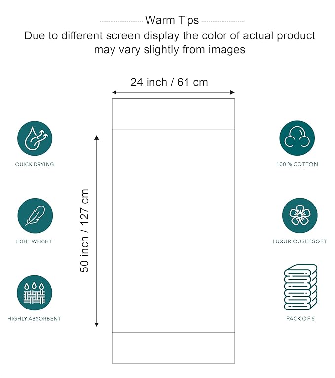 Pleasant Home Bath Towels Set of 6 (24” x 50”) 100% Cotton, 515 GSM | Lightweight, Soft & Highly Absorbent Luxury Towels for Bathroom | for Gym, Pool & Spa | 6 Pack - Multicoloured
