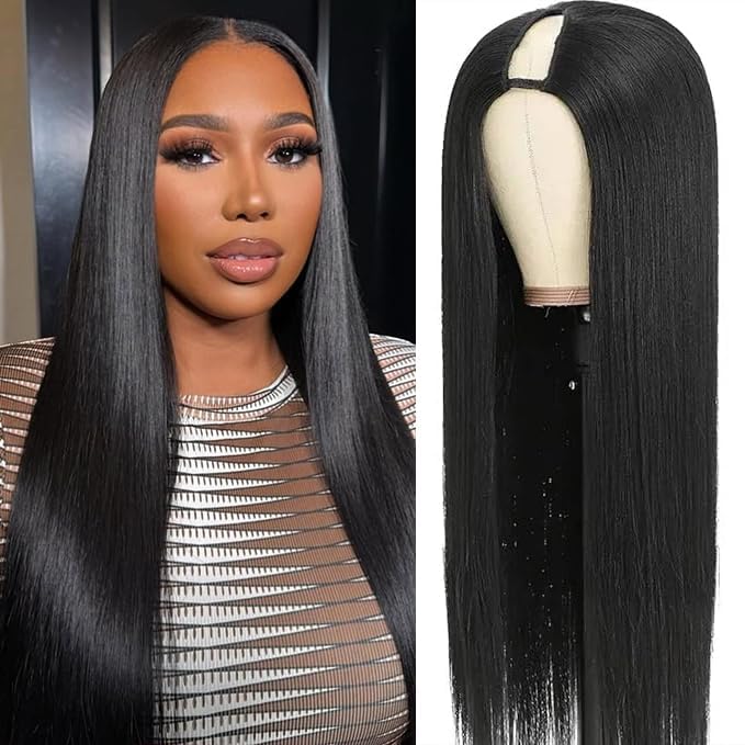 CHEETAHBEAUTY V Part Wigs Human Hair Straight V Shape Wigs for Black Women Upgrade U Part Wigs No Leave Out No Sew No Glue Clip in Half Wigs 180% Density Natural Black 16Inch