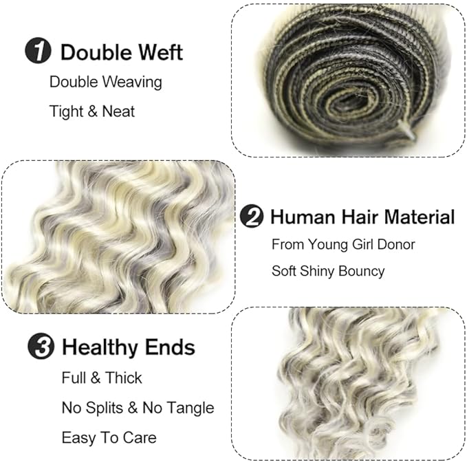 30 32 34 Inch Blonde Bundles Human Hair P613/grey Deep Wave 3 Bundle Unprocessed Brazilian virgin hair Weave Extensions Double Weft 50 Grams/Bundle Colored Highlight Grey Bundles for Woman