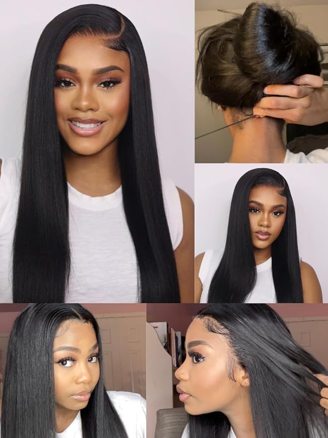 Nadula Bye Bye Knots Yaki Straight Glueless Wig Human Hair with Elastic Drawstring Pre Cut 7x5 Invisible Knots HD Lace Front Put on and Go Wigs Pre Everything Glueless Light Kinky Staight Wigs 18inch