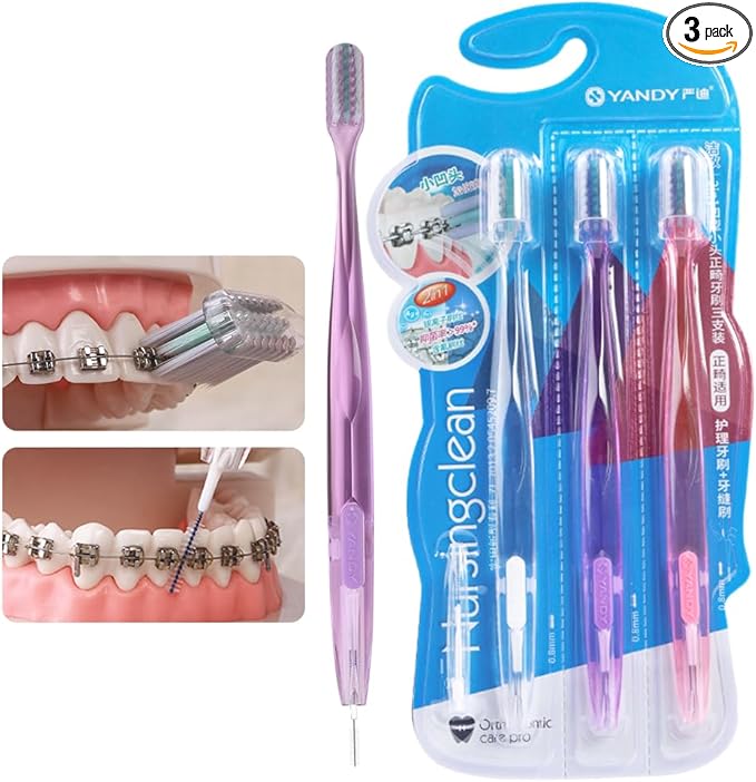 YANDY Concave Orthodontic Toothbrush for Braces Brackets, Pack of 3,Tail Self-Contained Interdental Brush, Soft Bristles
