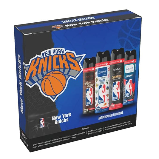 Above NBA – New York Knicks Deodorant Gift Set – A Giftable Set for Knicks Fans – Antiperspirant Spray, 4 Signature Scents, 72h Protection, Dry Spray, No Stains – 5.07 oz, Pack of 4