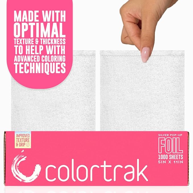 Colortrak Embossed Sheets Silver Aluminum Foil Pop-up Dispenser, 1000 Pre-cut Sheets Non-slip Textured for Hair Foil Coloring and Highlighting Applications, Silver, 5 x 11