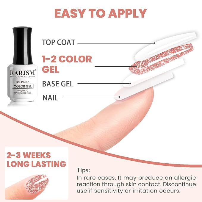 RARJSM Reflective Glitter Gel Nail Polish Nude Tea Rose Pink Sheer Jelly Gel Polish Flash Diamond Sparkle Rainbow Silver Shimmer Soak off Curing Requires 15ml for Home Salon