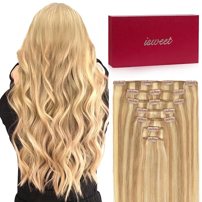 7Pcs Clip in Hair Extensions Real Human Hair, 16 Inch 100g P18/22 Ash Blonde Highlights Golden Blonde Soft Real Human Hair Extensions Clip ins, Double Weft Hair Extensions Real Human Hair for Women