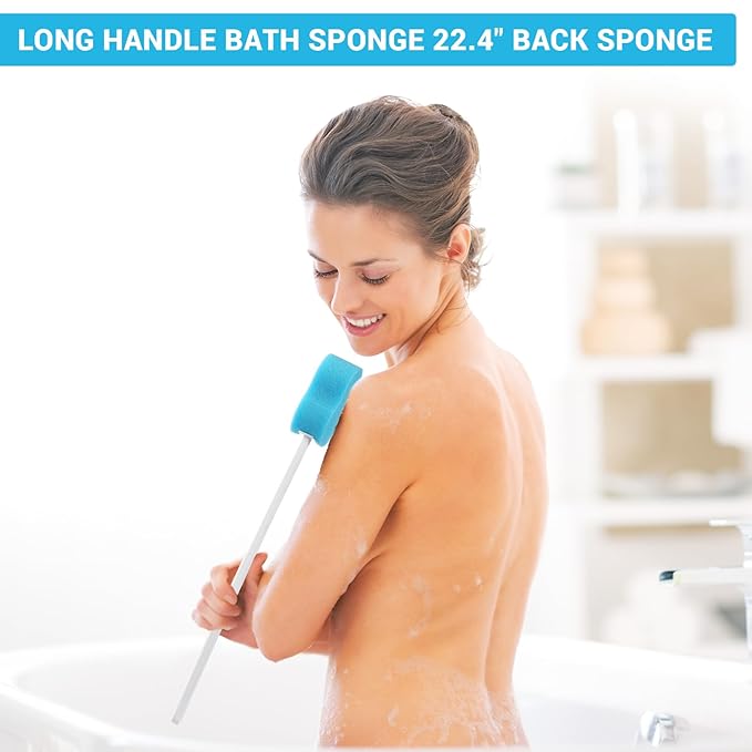 Norme 3 Pcs 22.4 Inch Long Handle Back Bath Sponge Lightweight Sponge on a Stick Body Cleaning Handled Washer Scrubber for Foot Body Limited Range of Motion, Blue