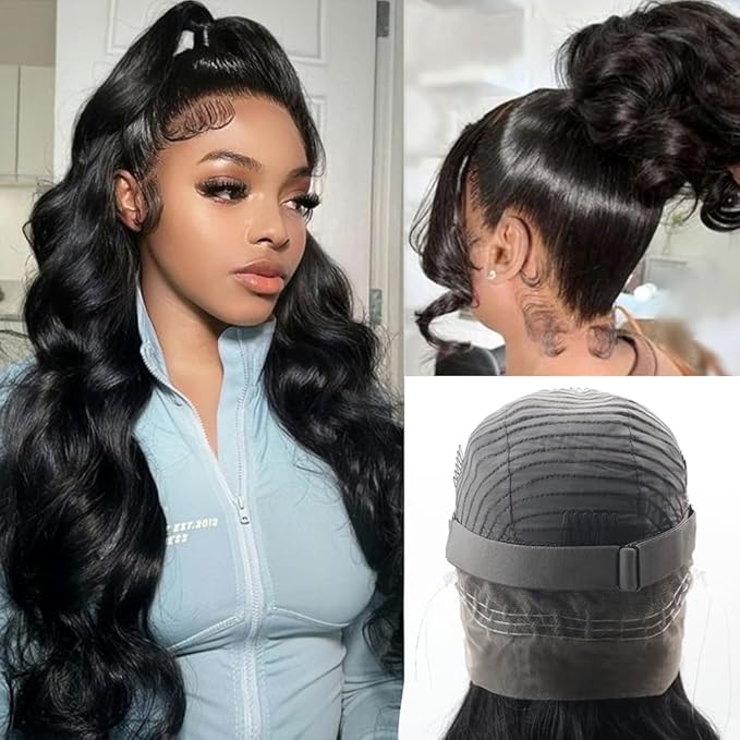 Hidden Strap 360 Lace Front Wigs Human Hair 220% Density Body Wave HD Lace Front Wigs with Drawstring 360 Full Lace Wigs for Women Pre Plucked with Baby Hair Natural Color 24 Inch