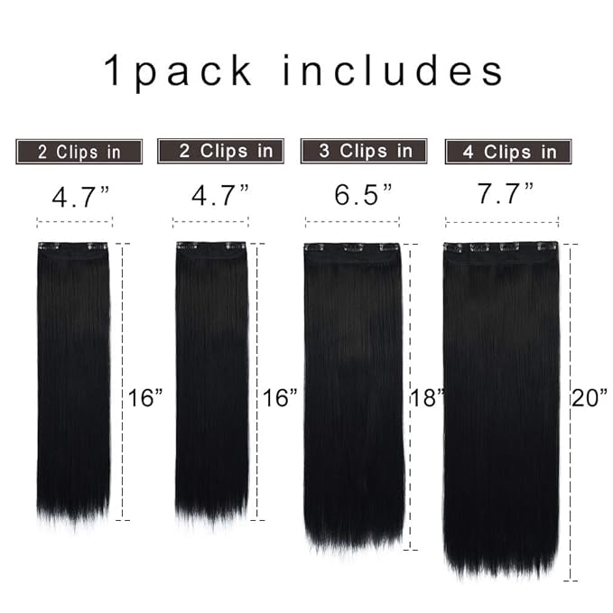 REECHO Multi-Length 16" 18" 20" Long Straight 4 PCS Set Thick Clip in on Hair Extensions Natural Black
