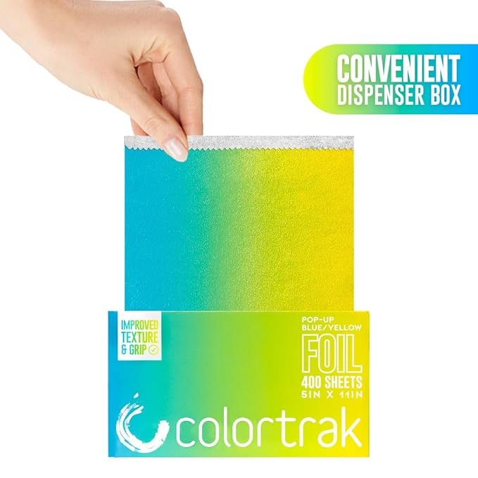 Colortrak Blue/Yellow Gradient Pop-up Foil w/Dispenser (400 Count), Pre-cut Sheets, Non-Slip Embossed Texture, 5" x 10.75" Sheets for Hair Foil Coloring and Highlighting Sheet Applications