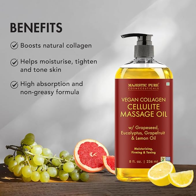 Majestic Pure Firming Body Massage Oil with Collagen – Helps Smooth The Appearance of Cellulite & Improve Skin Texture – Refreshing Aromatherapy Body Oil for Legs & Full Body – 8 Fl Oz, with Roller