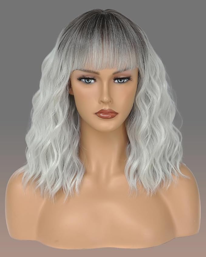 WAVE&BREEZE Short Gray Wigs for Women Sliver Grey Wig with Bangs Dark Roots Ombre Curly Bob Wig Shoulder Length Natural Looking Hair Replacement Wigs for Daily Party Use Cosplay Costume Halloween Wig