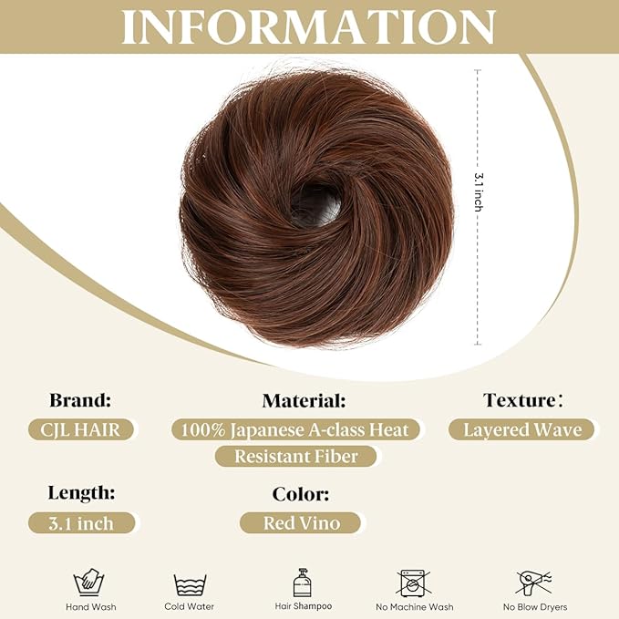 CJL HAIR 2PCs Small Cute Messy Bun Hair Piece for Thin Hair Women Mini Synthetic Curly Bun Scrunchies Updo Hairpieces Red Vino