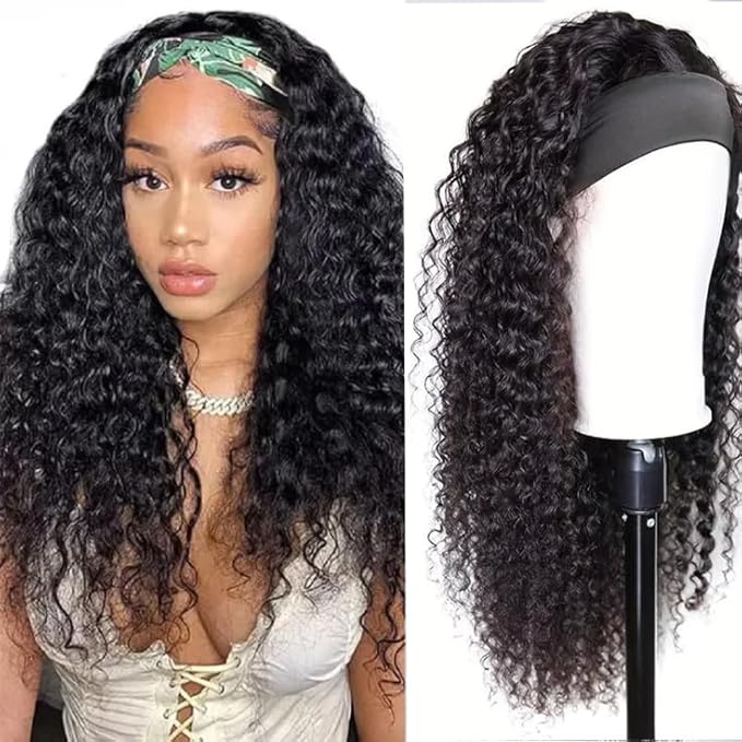 Headband Wig Deep Wave Human Hair Machine Made Curly Headband Wig Glueless None Lace Front Wigs for Black Women Deep Curly Half Wigs 180% Density 22inch