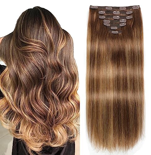 Sisily Clip in Hair Extensions Real Human Hair, 16 inch 140g, Chocolate Brown To Caramel Blonde, 100% Brazilian Remy Human Hair Clip in Extensions Soft Straight 7pcs Per Set with 16 Clips Double Weft