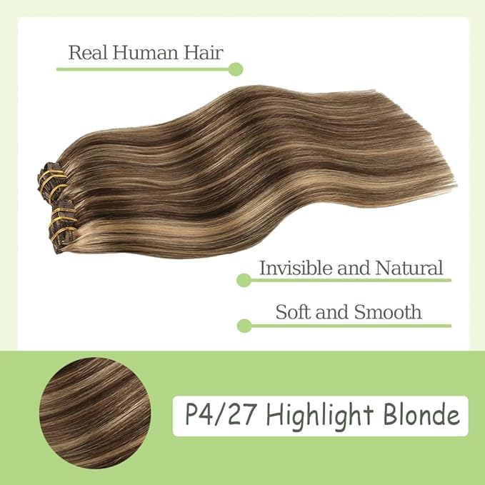 24 Inch P4/27 Blonde Clip in Hair Extensions - Real Remy Human Hair, 120g 7pcs, Highlight Blonde Human Hair Extensions Clip ins for Women