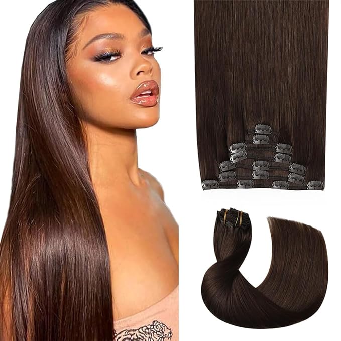 12 Inch #4 Brown Clip in Hair Extensions - Real Remy Human Hair, 120g 7pcs, Chocolate Brown Human Hair Extensions Clip ins for Women
