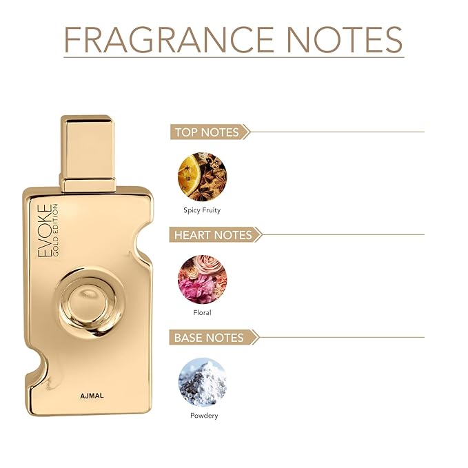 Ajmal Evoke Gold Eau de Parfum for Women, 2.5 fl oz / 75 ml, Floral Woody Musky Elegant Fragrance, Long Lasting Women’s Perfume, Made in Dubai