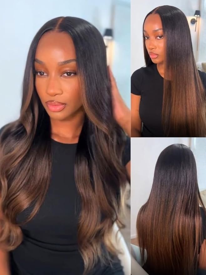 Nadula Chestnut Brown Ombre Yaki Straight Bye Bye Knots Glueless Drawstring Wig Human Hair, Pre Cut 7x5 Invisible Knots HD Lace Front Wigs Pre Plucked,Pre Everything Light Kinky Straight Wig 22inch