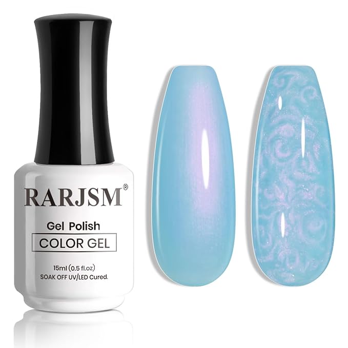 RARJSM 15ML Sky Blue Pearlescent Gel Polish - Mermaid Nail Gel Polish with Purple Glitter & Red Shimmer - Soak Off LED UV Drawing Swirl Thread Effect for DIY Manicure
