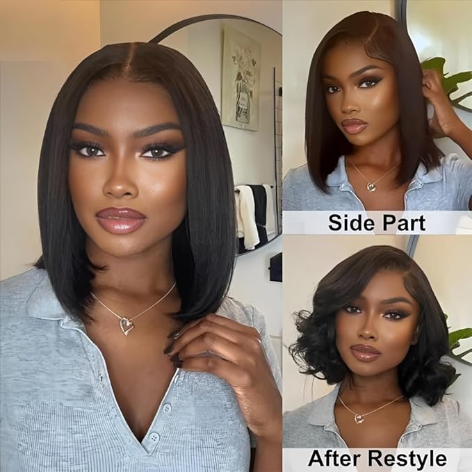 ISEE Hair M Cap 9x6 Bob Wig Human Hair Glueless Wigs Pre Plucked Pre Cut HD Lace Front Glueless Wigs Human Hair 180% Density Short Straight Bob Wigs for Black Women (Yaki Straight, 16 Inch)