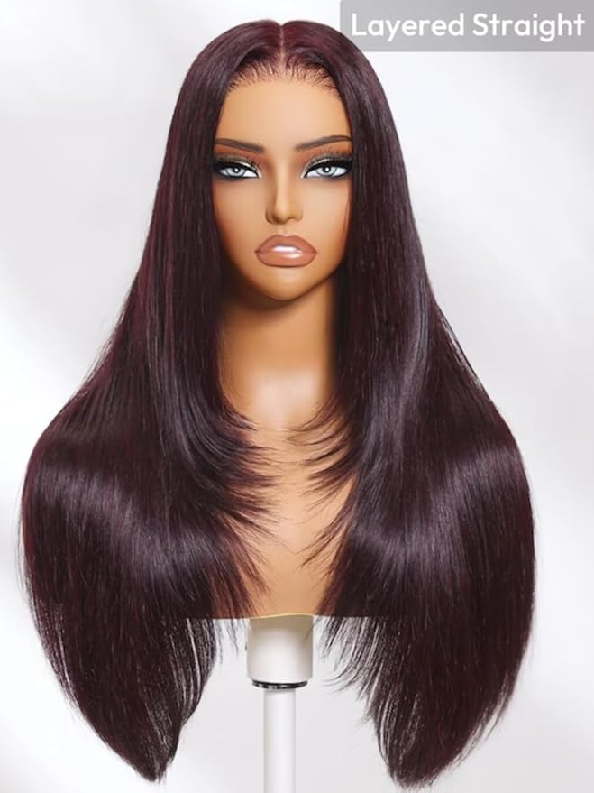 Sunber Black Cherry Layered Straight 13x4 Pre Cut Lace Front Wigs Human Hair Pre Everything Glueless Ready to Go Wig 180% Density Pre Plucked Pre Bleached Invisible Knots Burgundy Plum Straight 20Inch