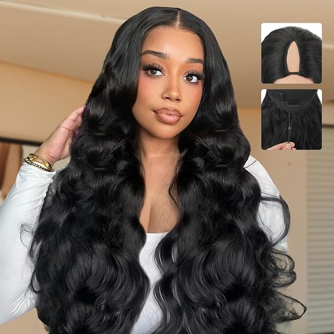 V Part Wigs Human Hair Body Wave 18 Inch Upgrade Glueless U Part Wigs With Drawstring 200% Density No Leave Out No Sew In V Shape Half Wig For Women Beginner Friendly Natural Black