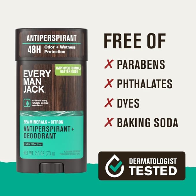 Every Man Jack Men’s Sea Minerals + Citron Antiperspirant Deodorant – New & Improved Formula – 48-Hour Odor & Sweat Defense– 2.6 oz (2 Pack)
