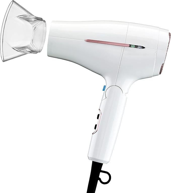 Conair Double Ceramic Travel Dryer with Concentrator & Folding Handle, 1875W Travel Blow Dryer with Smart Voltage Technology, Ionic Conditioning Fights Frizz, 3 Heat & 2 Speed Settings, White