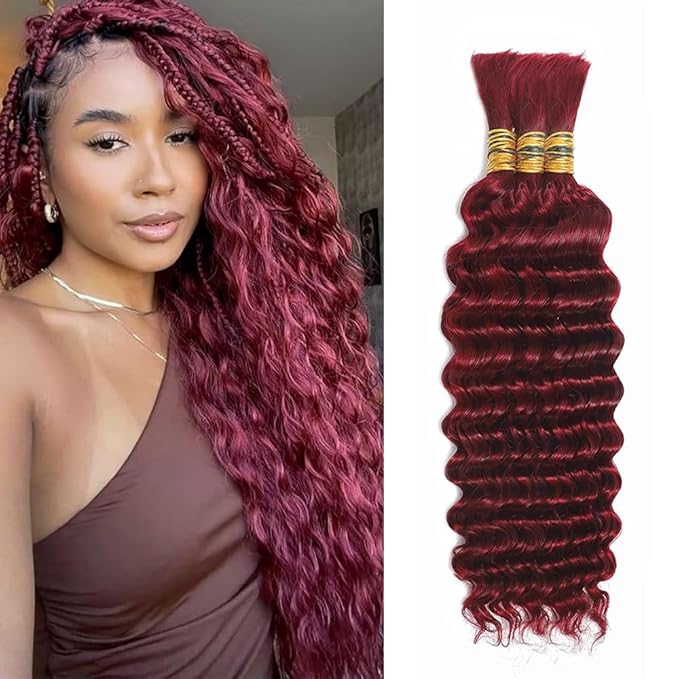 99J Human Braiding Hair for Boho Braids 20 Inch Burgundy Deep Wave Bulk Human Hair Red Wet and Wavy Braids Extensions
