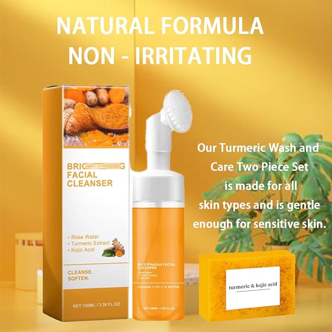 Turmeric Wash and Care Four Piece Set, Tuemeric Facial Cleanser & Turmeric Soap Combo, Turmeric Cleansing Mousse, Face Wash and Soap Bundle for Face & Body Deep Cleansing (1pc Turmeric Wash+3pc Soaps)