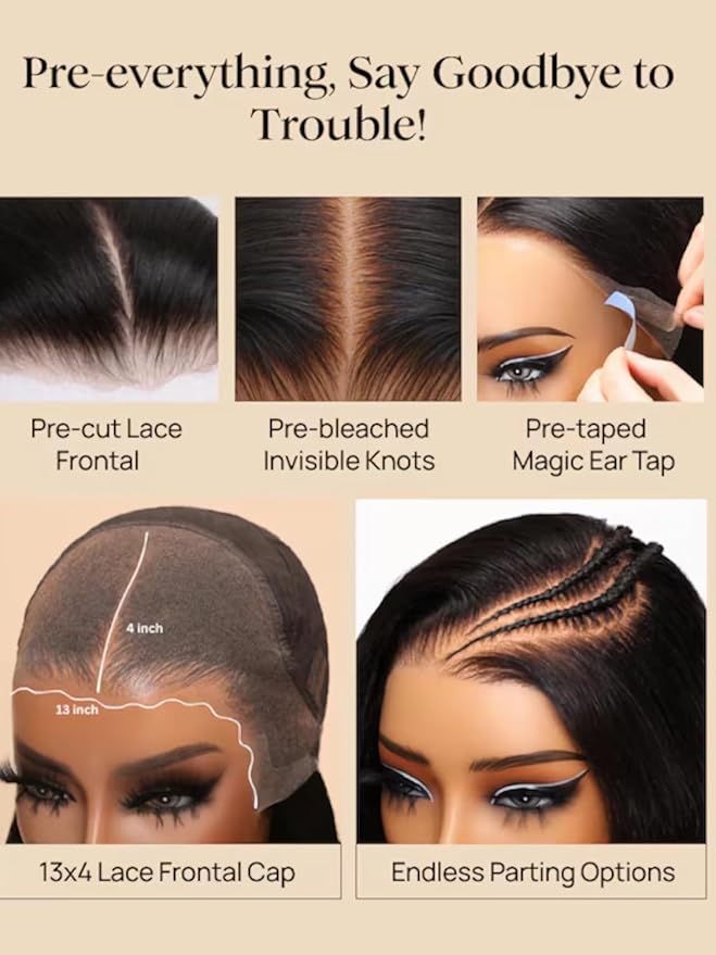 Julia Hair Pre Everything Glueless 13x4 HD Lace Front Wigs Human Hair Pre Plucked Pre Cut Balayage Highlight Body Wave Curtain Bangs Bye Bye Knots Drawstring Wigs Ready to Wear Frontal Wig 22 Inch