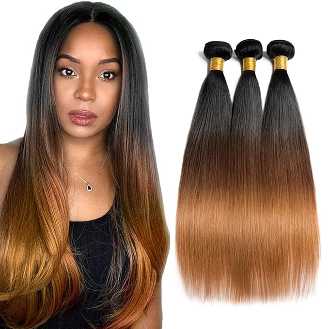 Omber Brown Bundles Human Hair #4 Straight Bundles 28 30 32 inch 3 Tone Black Roots to Brown Bundle