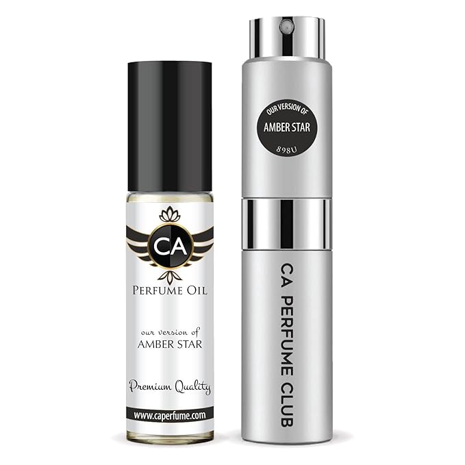 CA Perfume Duo Impression of Amber Star For Women And Men Perfume Layering Set Long Lasting Travel Size EDP + Body Oil Roll-On Bottle 0.27 Fl Oz+0.33 Fl Oz