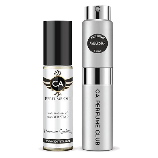 CA Perfume Duo Impression of Amber Star For Women And Men Perfume Layering Set Long Lasting Travel Size EDP + Body Oil Roll-On Bottle 0.27 Fl Oz+0.33 Fl Oz