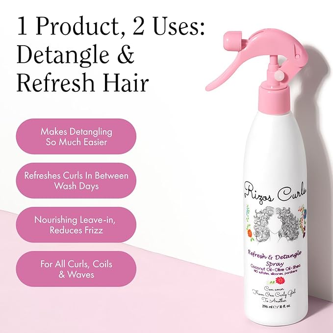 Rizos Curls Travel Refresh & Detangle Spray, Moisturizing Leave-In, Hydrate & Reduce Frizz, Add Shine & Definition with Coconut Oil, Aloe Vera & Shea Butter, 2.5 oz