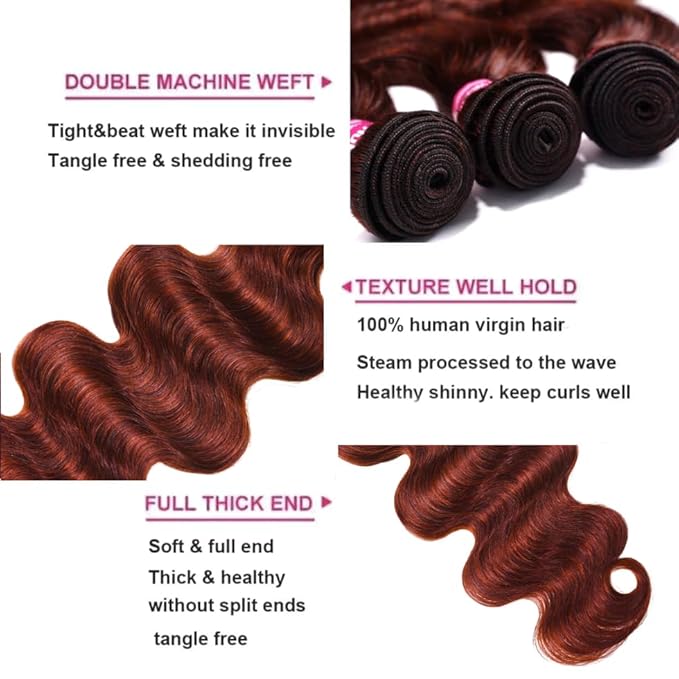 UNICE Reddish Brown Body Wave Human Hair Weave 3 Bundles 12 12 12 inch, Brazilian Remy Hair Auburn Brown Copper Red Human Hair Wavy Weaves for Sew in Extensions 33B Color