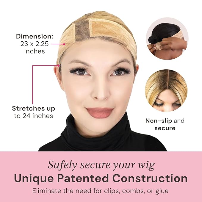 MILANO COLLECTION Wigrip, Premium Lace Wig Band for Women, Fully Adjustable & Reinforced Lace Wig Grip Band by Hairline, Comfortable and Secure Glueless Velvet Headband, Nude, 2 Pack