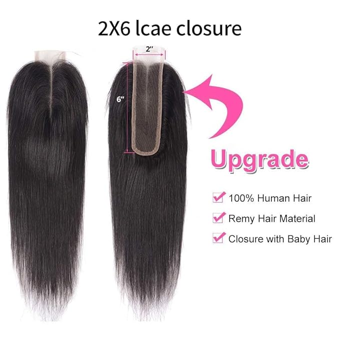 Lace Closure 2x6 HD Straight Lace Closure Human Hair 14 Inch Brazilian Virgin Hair Free Part 100% Human Hair Extensions for Black Women Pre Plucked Natural Color