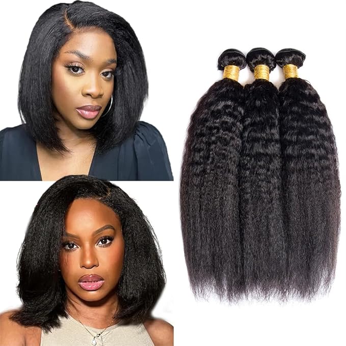 1B Human Hair Bundles Yaki Straight Bundle Kinky Straight Human Hair 3 Bundles 14 14 14 inch Double Weft Yaki Bundle